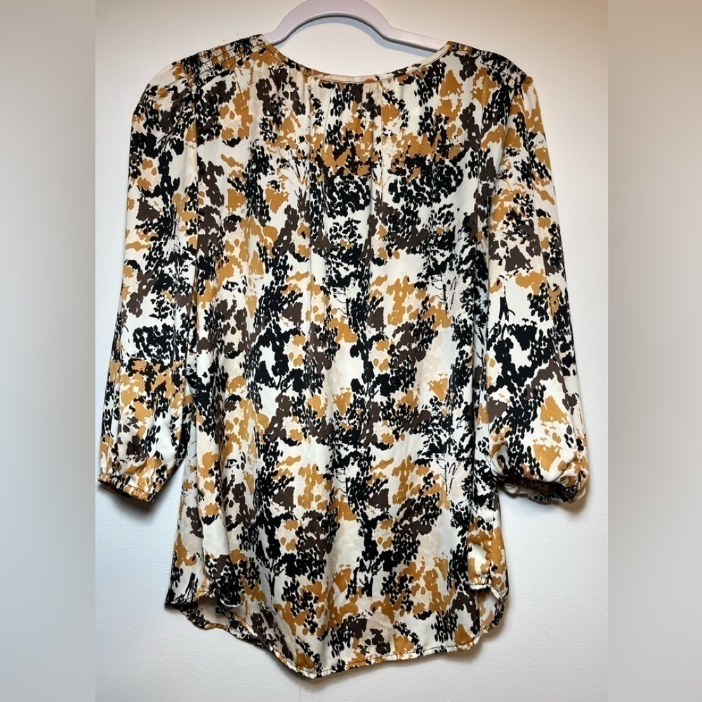 Zac & Rachel blouse work career button down black brown gold elastic sleeves XL